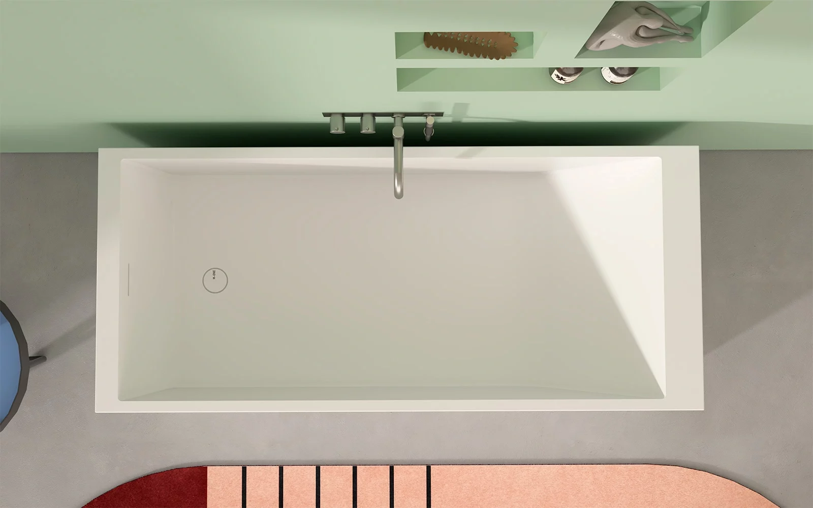 белая матовая ванна с щелевым сливом и плоским донным клапаном.